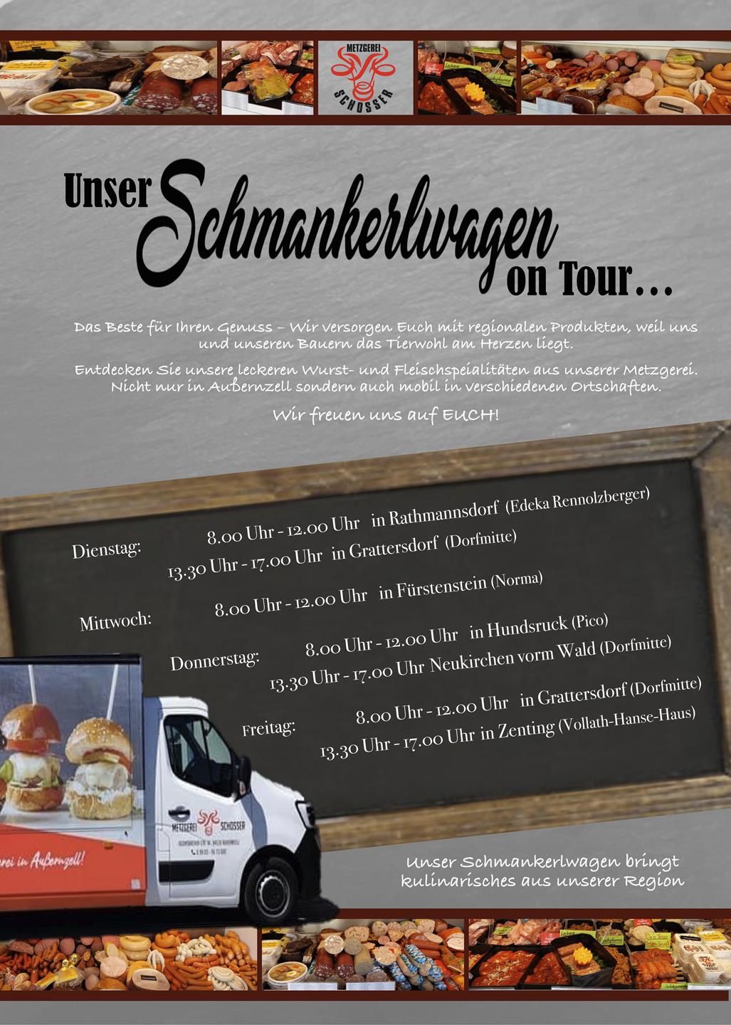 Plakat des Schmankerlwagens mit Tourplan und Verkaufswagen