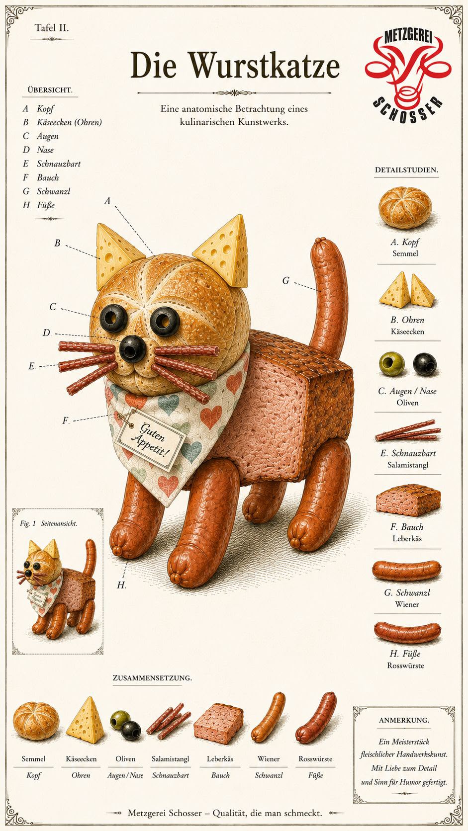 Lehrtafel ‚Wurstkatze‘ – eine Katze aus Semmel, Käse, Leberkäs und Wiener